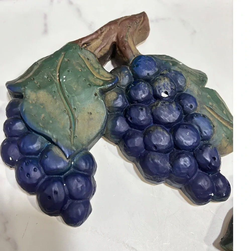 Vintage Chalkware Hand Painted Fruit Wall Plaques Set of 3 Grapes Pears Apples